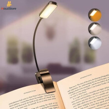 Luminária de leitura HautStore com 9 LEDs, recarregável, com 3 modos de brilho e clipe para fixação.