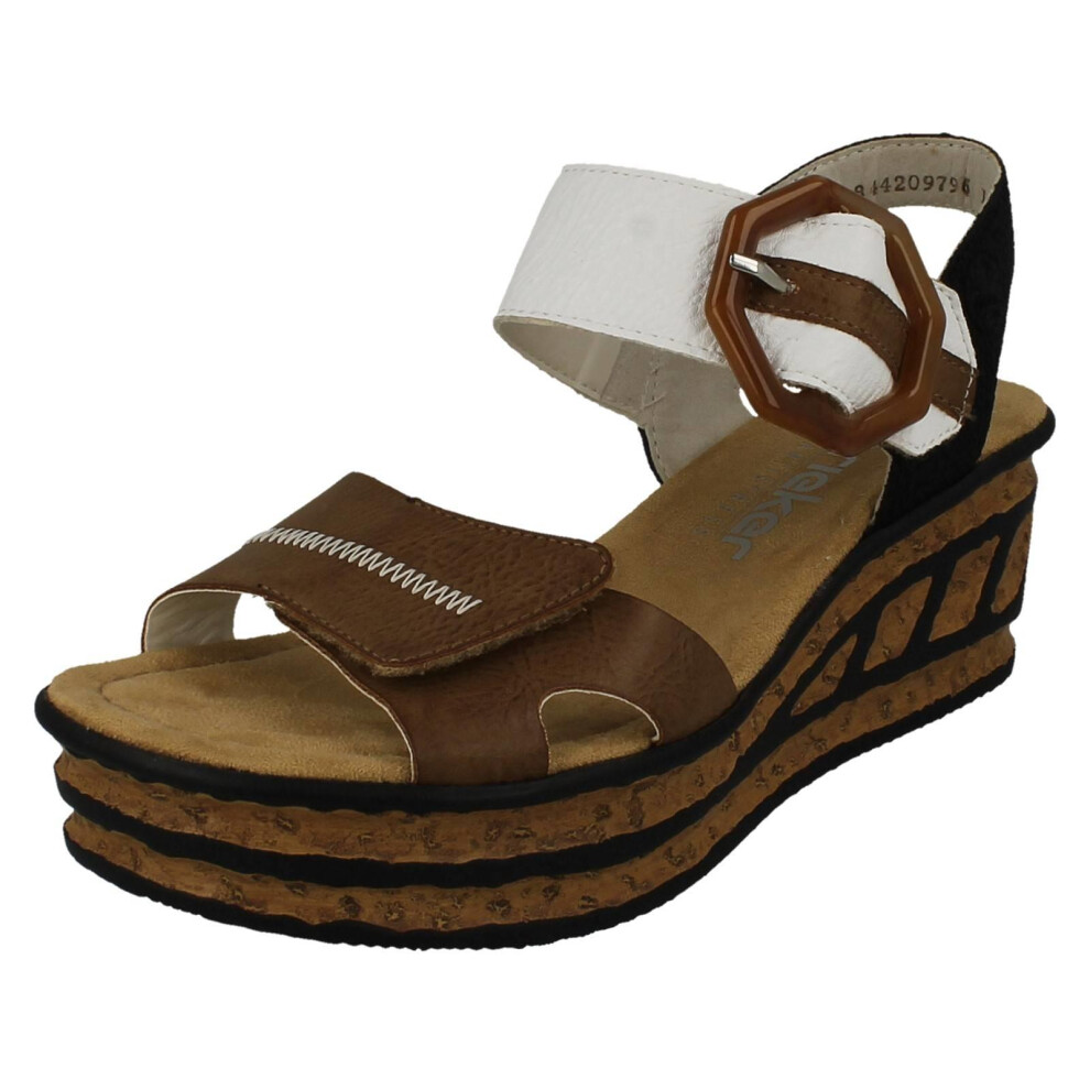 Rieker (Beige, Uk 6) Ladies Buckle Detailed Wedge Sandal 68176 Cream