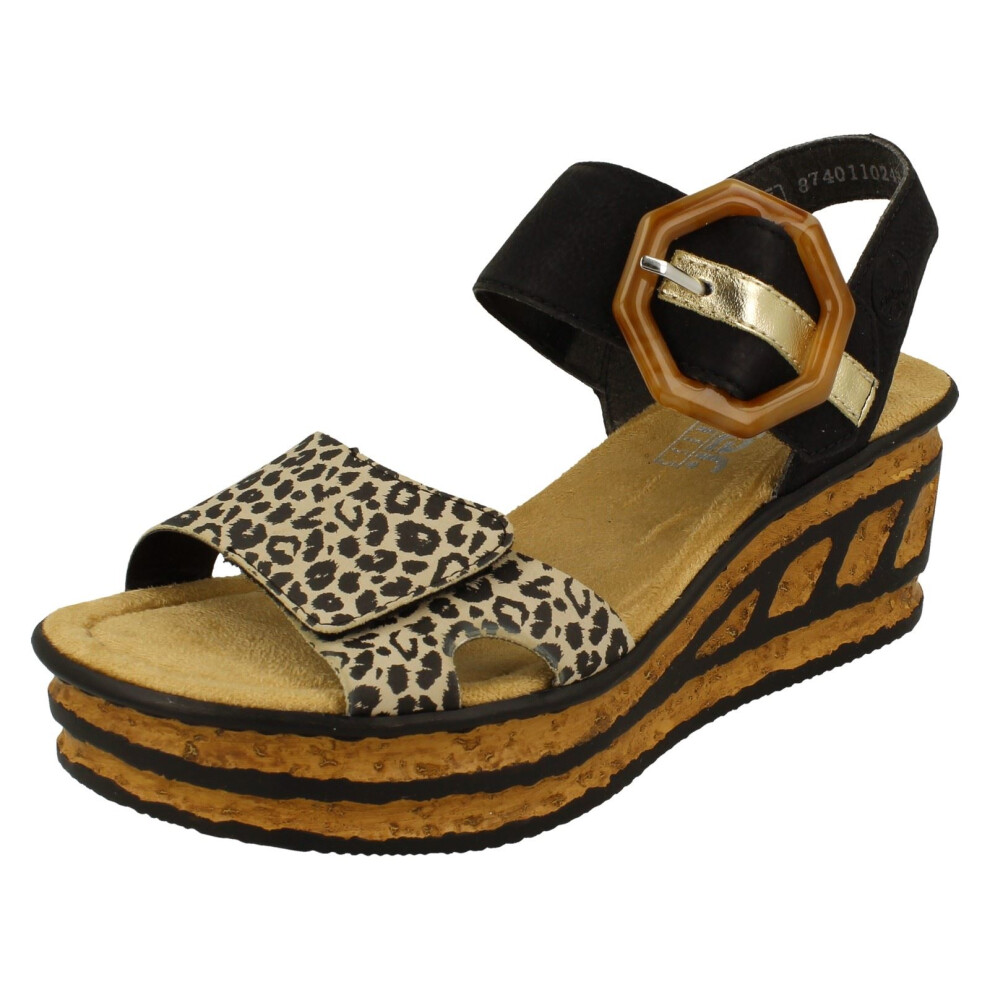 Rieker (, Uk 8) Ladies Buckle Detailed Wedge Sandal 68176 Black
