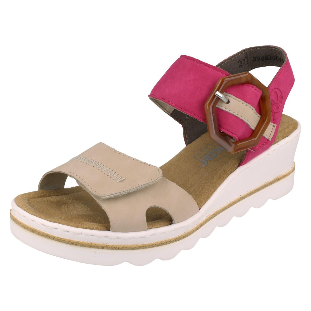 Rieker (Beige, Uk 6) Ladies Buckle Detailed Wedge Heeled Sandals 67476