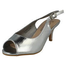 (Silver, UK 6) Ladies Spot On Peep Toe Buckle Sling Wide Fitting Sandals F12045