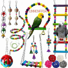 Set of 7 parrot toys, wooden, multi-colored