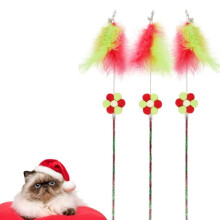 Sold in sets of 3: Wire and feather long-handled cat toy (Christmas color)