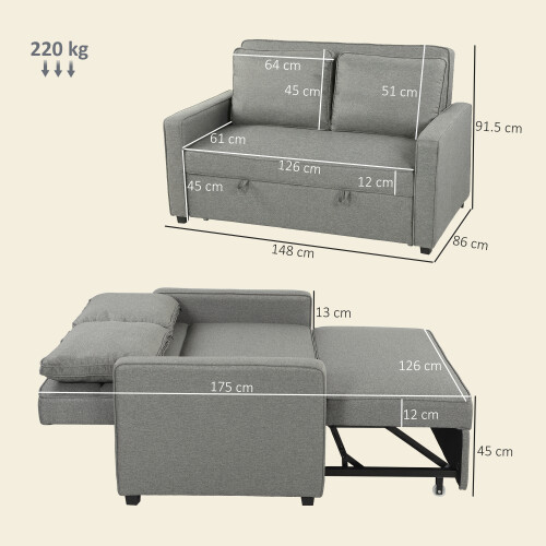 Homcom HOMCOM 2 Seater Sofa Bed Click Clack Pull Out Sofa Bed for Living Room Grey 2