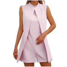 Women's jumpsuit with front slit, high neck, casual-Pink XXL