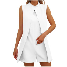 Women's jumpsuit with front slit, high neck, casual-White S