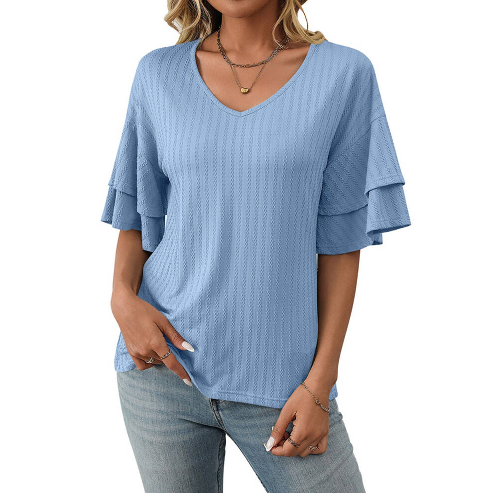 Sky Blue Ruffled Sleeve Blouses, V-Neck, Casual, Sleeve, - M