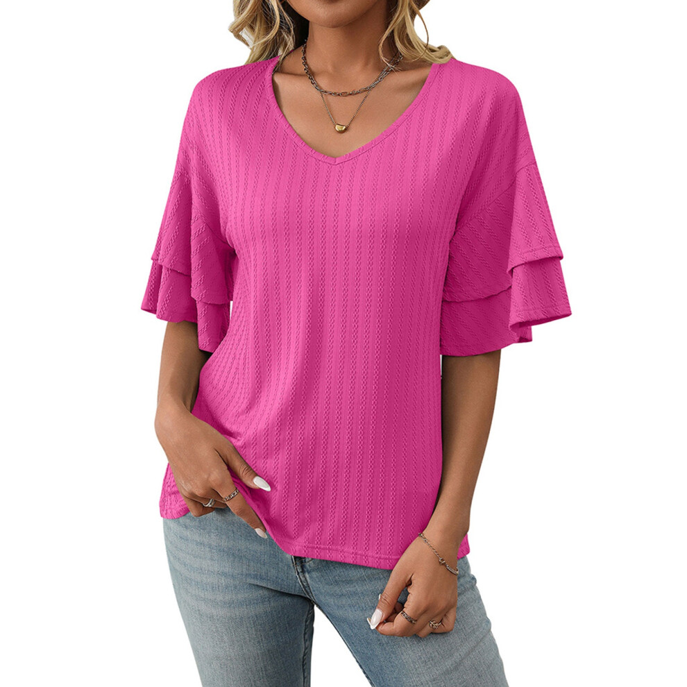Red Ruffled Sleeve Blouses, V-Neck, Casual, Sleeve, ,,-Rose Xl
