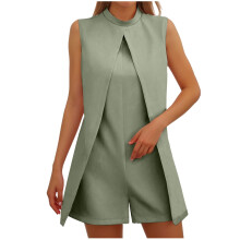 Women's jumpsuit with front slit, high neck,-Army Green M