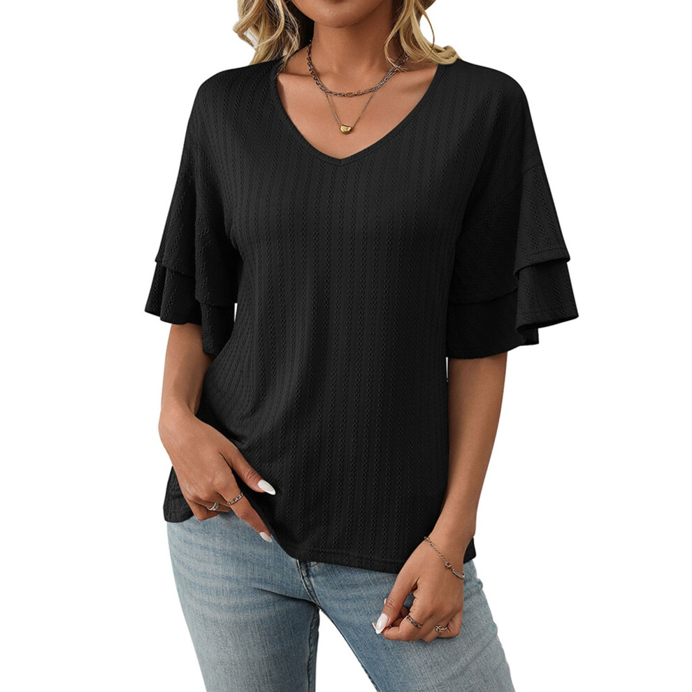 Black Ruffled Sleeve Blouses, V-Neck, Casual, Sleeve, - Xxl