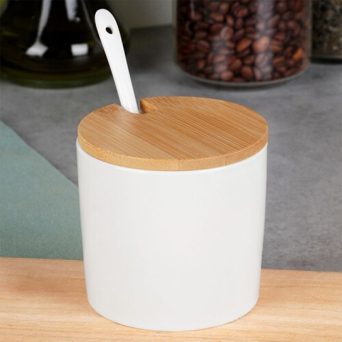 VILDE Ceramic Sugar Bowl - Set with Spoon - Modern Design - Bamboo Lid - 250 ml - White 1