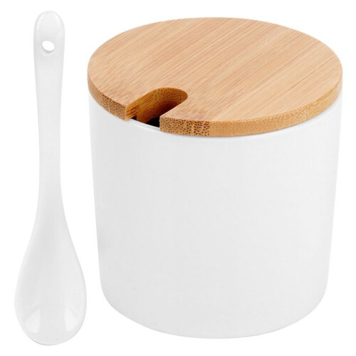 VILDE Ceramic Sugar Bowl - Set with Spoon - Modern Design - Bamboo Lid - 250 ml - White 2