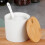 VILDE Ceramic Sugar Bowl - Set with Spoon - Modern Design - Bamboo Lid - 250 ml - White 5