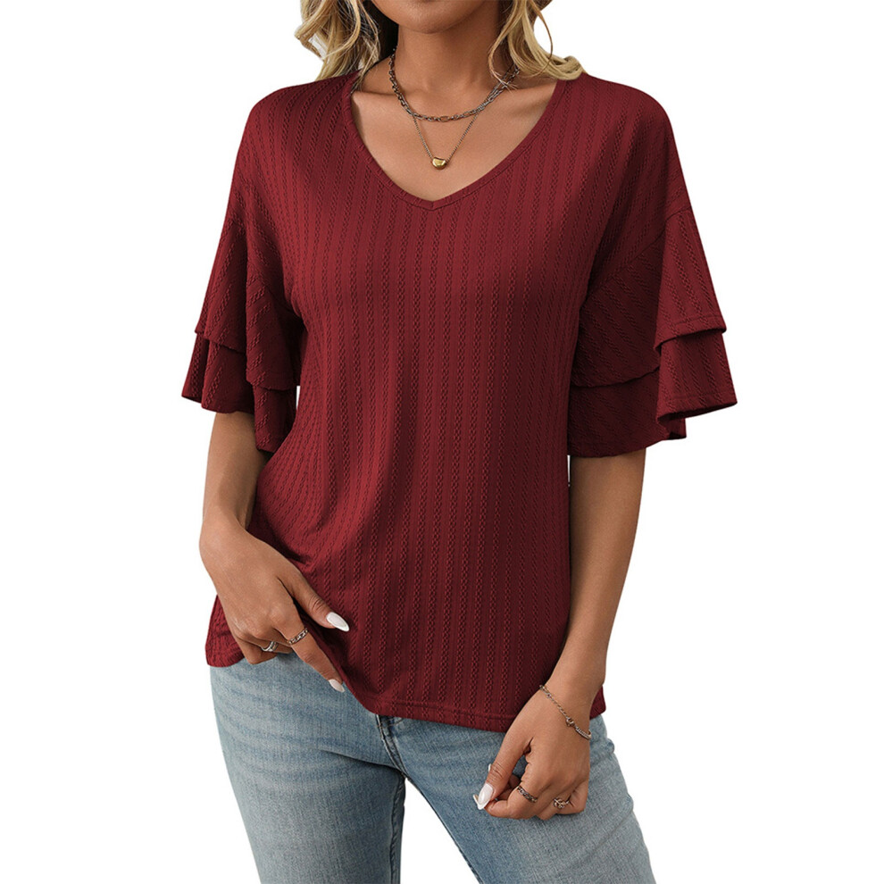 Burgundy Ruffled Sleeve Blouses, V-Neck, Casual, Sleeve, - S