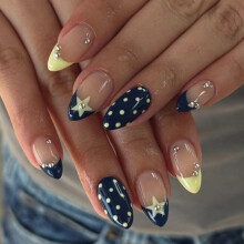 Blue And Yellow French Tip Fake Nail With Polkas Dot Stars