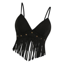 Faux Suedes Fringe Sleeveless Crop Top with Spaghetti-S Black