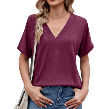 Women's Summer V-neck Loose T-shirt with Rolled Hem-Burgundy M