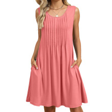 Women's Casual Sleeveless Camisole Pleated Vest Dress-Pink M