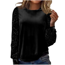 Women's Elegant Round Neck Shirt Long Sleeve Loose Long-Black L