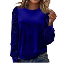 Women's Elegant Round Neck Shirt Long Sleeve Loose Long-Blue L