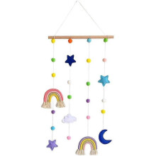 Macrame Rainbow Wall Hanging for Nursery Room,Rainbow Hanging Photo Display with Pom Pom Ball ,Wood