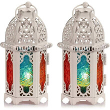 2 Piece Moroccan Style Candle Lights - Small Tea Light Candle Holder with Stained Glass Panel