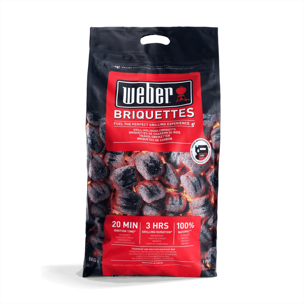 Weber Charcoal Briquettes/Bbq Accessory, Natural Barbecue Fuel For Long-Lasting Heat, 20-Minute Ignition Time, Up To 3 Hours Burning Time, 8 Kg