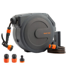 Giraffe Tools Retractable Hose Reel Wall Mounted, 30+2m Garden Hose Reel, 180 Pivoting with 7 in 1 Spray Nozzle, Grey (EUAW-30)