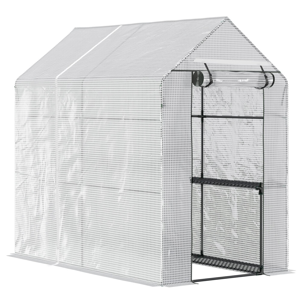 Outsunny Walk In Greenhouse With 2-Tier Shelves, Roll Up Zip Panel White