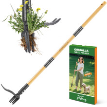 Ormalla Weed Puller, 1.1m Long Handle Weed Remover Tool, Dandelion Removal Tool, Natural Bamboo Handle and 4 Claws, Stand Up Garden Weed Root Remover