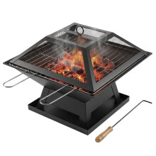 Square Fire Pit with BBQ Grill, Metal Fire Pit BBQ with Mesh Lid &