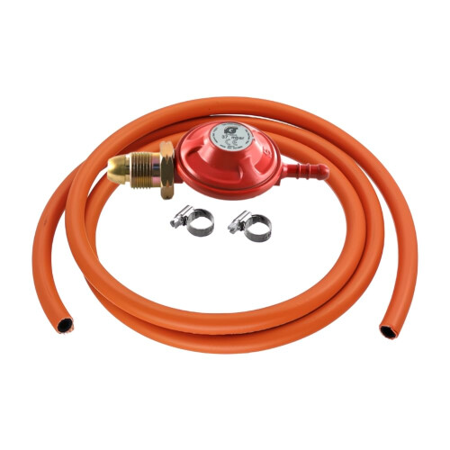 JD Brands Propane Gas Regulator 37mbar Standard Screw-On POL with 2m Hose & 2 Clips – 1.5kg/h Flow – Fits Calor & Flogas Bottles for BBQs, Camping