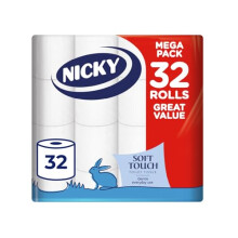 Nicky Soft Touch Toilet Tissue 32 Rolls of Extra Gentle White Toilet Paper 190 Sheets per Roll 2ply Soft Tissue Modern Embossing Easy Opening 100 F