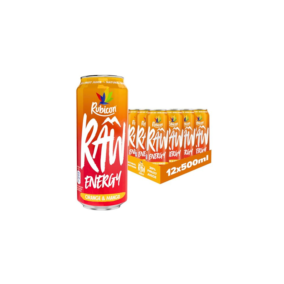 Rubicon Raw 12 Pack Mango 500Ml Energy Drink 20 Real Fruit Juice High Caffeine With Bvitamins Ginseng Guarana No Artificial Colours Or Flav Orange