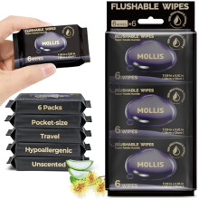 MOLLIS Flushable Toilet Wipes Travel Size Unscented Wet Wipes with Witch Hazel Vitamin E OnTheGo Mini Pack 100 PlantBased Sewer Septic Safe 6 Pack