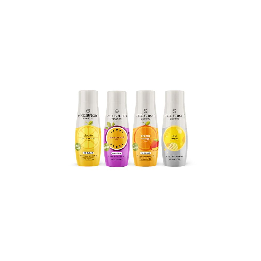 Sodastream Flavours 1 X Cloudy Lemonade 1 X Passionfruit 1 X Mango 1 X Diet Tonic Sparkling Drink Mix No Sugar Syrup – 4 X 440Ml Orange