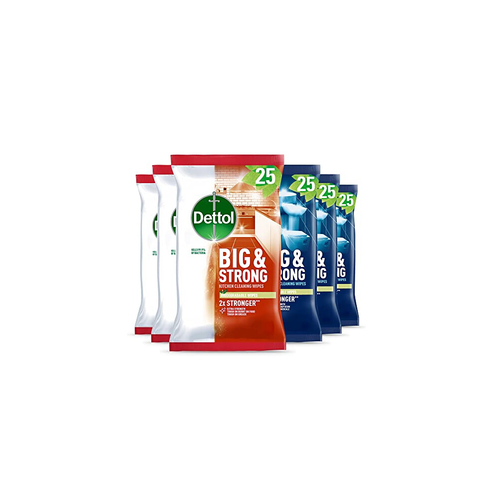 Dettol Big And Strong Kitchen And Bathroom Wipes 150 Wipes 25 X 6Pck Disinfectant Home Hygiene Biodegradable Kills 999 Percent Of Germs