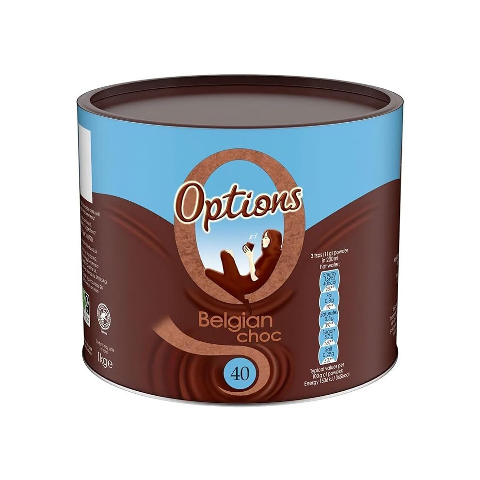 Options Belgian Chocolate Hot Chocolate Powder Drink 1Kg Â Made With Real Belgian Cocoa Â Rich, Creamy, Instant Hot Chocolate Mix 72358009