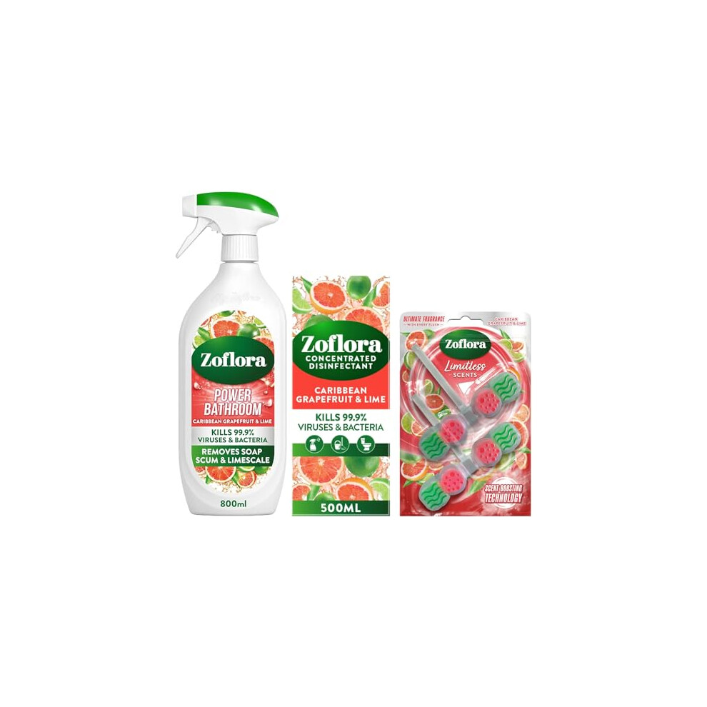Zoflora Caribbean Grapefruit Lime Bundle Power Bathroom Cleaner 1 X 800Ml Concentrated Multipurpose Disinfectant Liquid 1X500ml Rim Blocks 2 X 13