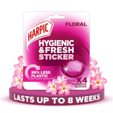 Harpic Hygienic Fresh Sticker Adhesive Toilet Block Floral Pack 1 x 4 Stickers Toilet Freshener No Plastic Applicator Up to 8 weeks of Freshness