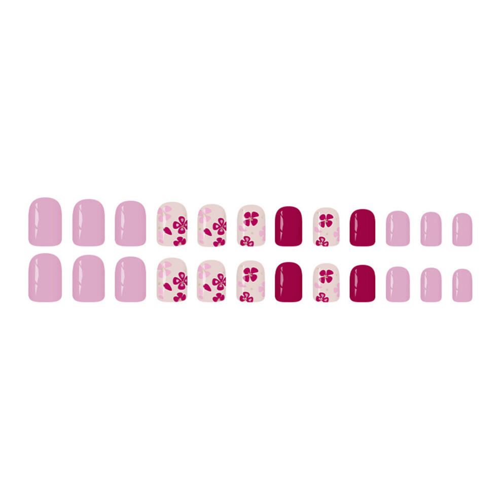 Purple 24Pcs Short Square Press On False Nail Floral Glittering