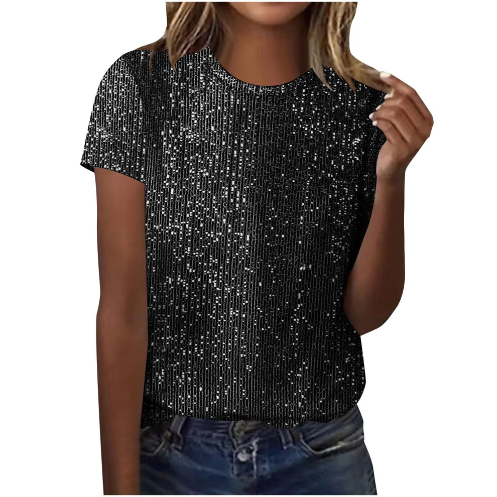 Tops Solid Color for Women Glitter Short Sleeve Shirts-Black L