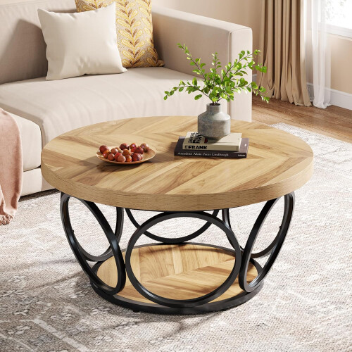 Tribesigns Tribesigns Round Coffee Table, 80 cm Wooden Table with 2-Tier Storage
