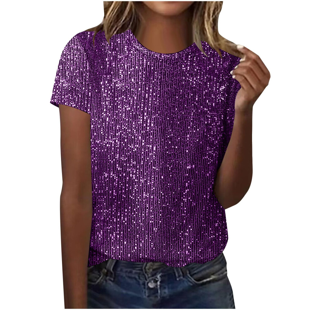 Tops Solid Color for Women Glitter Short Sleeve-Purple XL