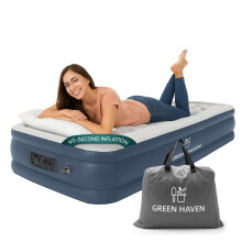 Green Haven Raised Single Air Bed with Built-in Electric Pump – Self-Inflating Blow-Up Mattress with Storage Bag – Waterproof & Durable Camping Ai