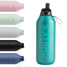 Chilly's Series 2 Flip Water Bottle with Sports Lid - Vacuum Insulated Stainless Steel Water Bottle with Straw, Carry Loop, & Cleaning Brush