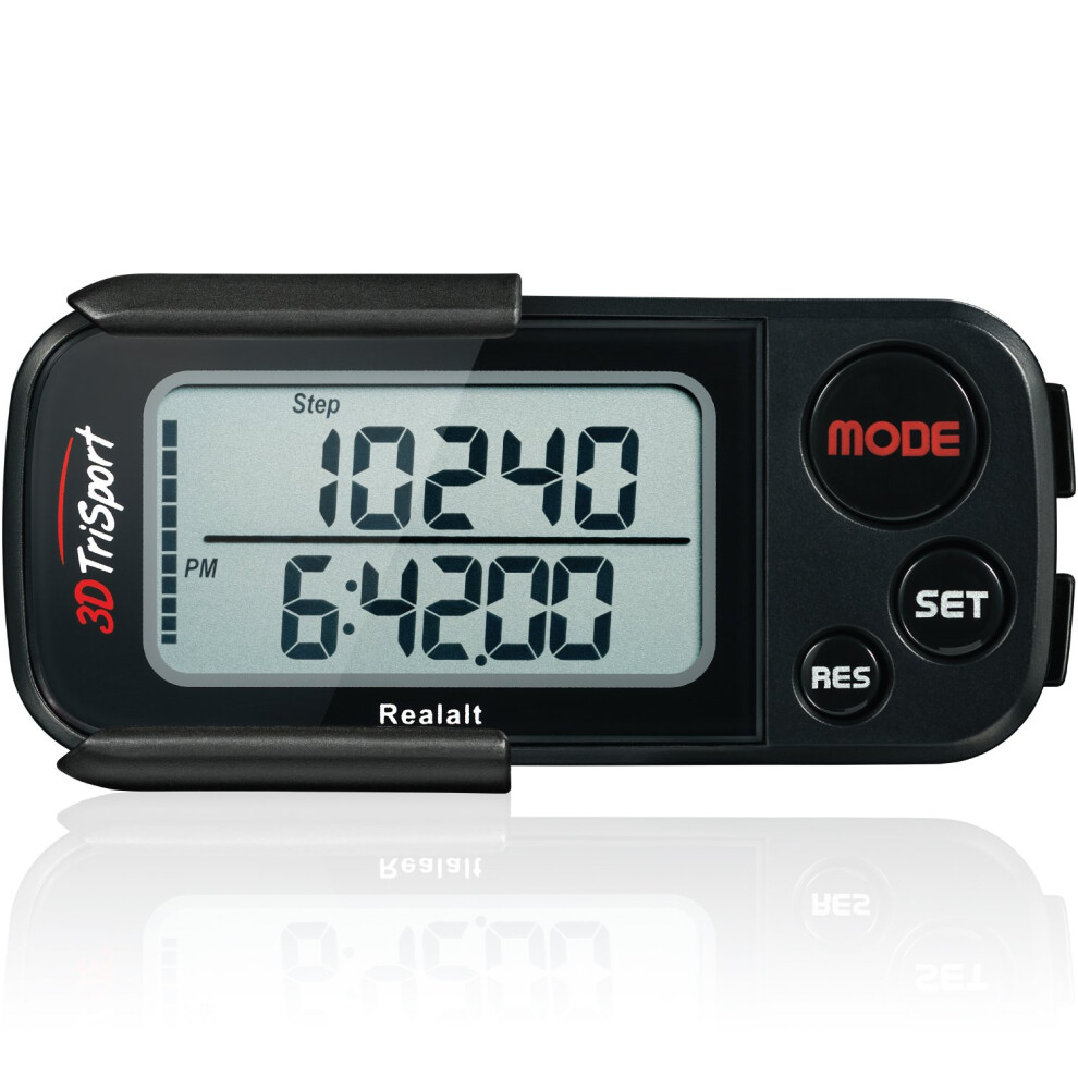 Realalt 3Dtrisport Walking 3D Pedometer With Clip And Strap, Free Ebook | 30 Days Memory, Accurate Step Counter, Walking Distance Miles/Km, Calorie Counter (S