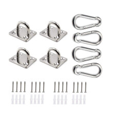 HOMPER 4Pcs M5 304 Stainless Steel Oblong Pad Eye Plate and 4Pcs Carabiner Clips, Marine Hardware Staple Hook Loop with 16 Screws and Plastic Plugs