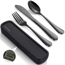 Camping Cutlery Set with Case, 4-Piece Stainless Steel Portable Travel Utensils, Reinforced Case with Snap-Lock Closure, Lunch Box for Camping Work S