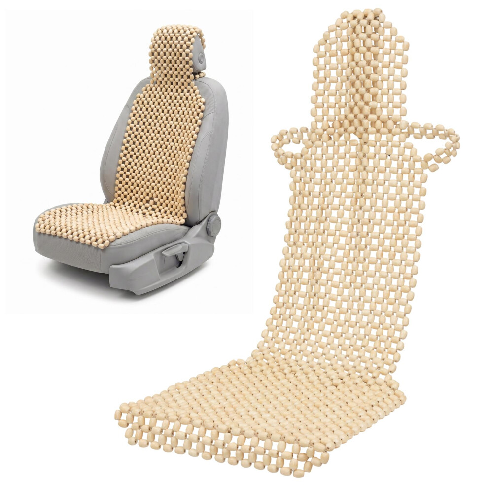 (143X50cm With Headrest - Natural Wood) Wooden Beaded Car Seat Cover - Wood Bead Massager - Breathable Cooling Cushion 5061064157784
